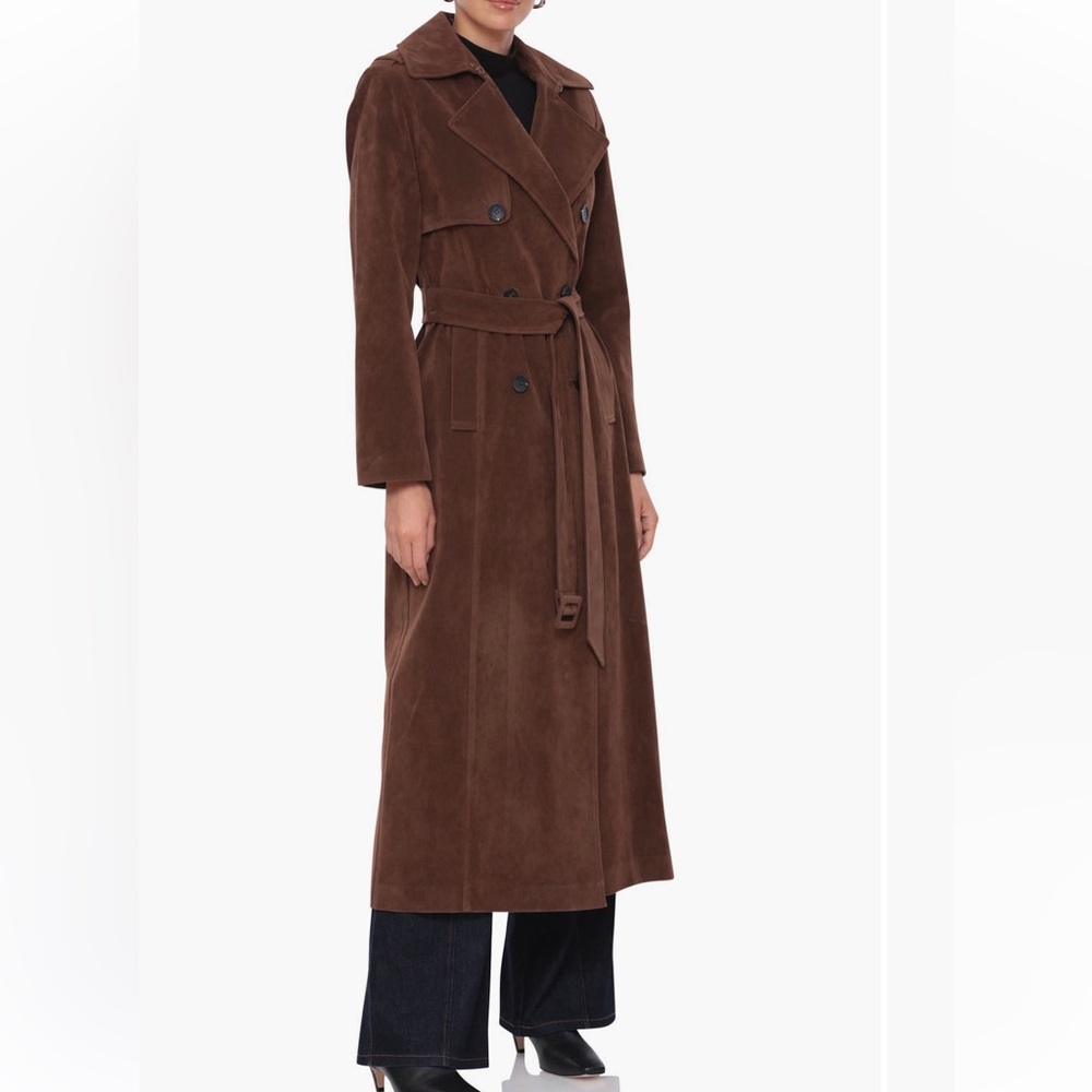 Avec Les Filles Brown Suede Double-Breasted Trench Coat - Picture 4 of 16